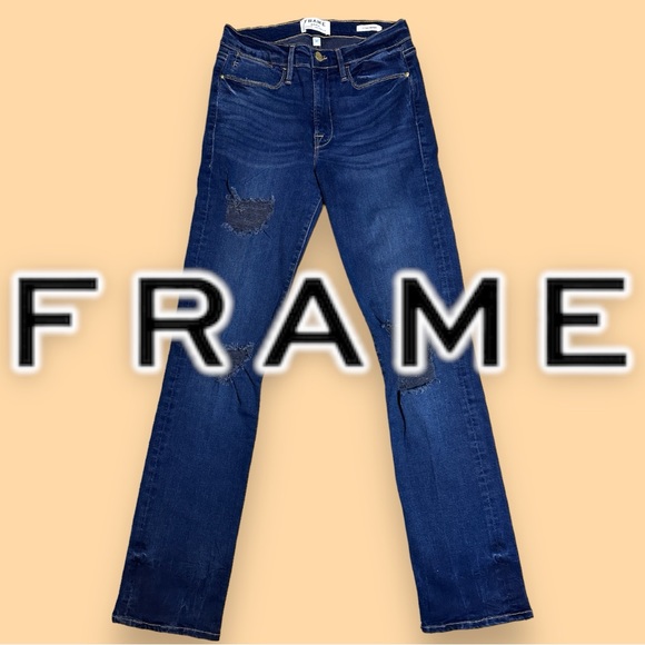 NWOT FRAME Le High Straight Distressed Jeans in Majesty Deep Blue. Size 27👖 - Picture 1 of 14